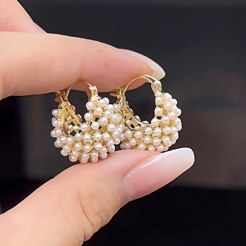 💎 Faux Pearl Basket Hoop Earrings: Gold-Tone, Weave Design, Secure Clasp, French Elegance
