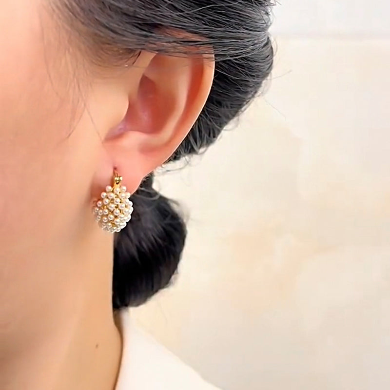 💎 Faux Pearl Basket Hoop Earrings: Gold-Tone, Weave Design, Secure Clasp, French Elegance