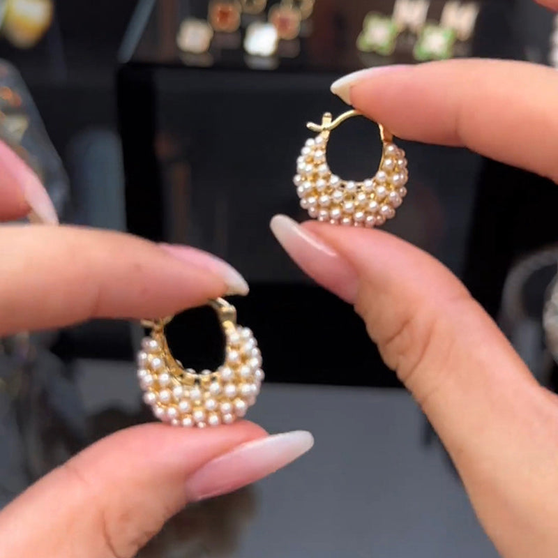 💎 Faux Pearl Basket Hoop Earrings: Gold-Tone, Weave Design, Secure Clasp, French Elegance