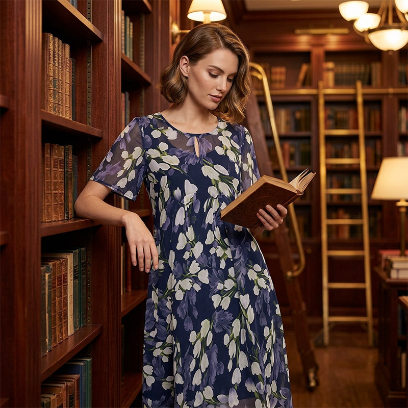 🌸 50% OFF NOW! ✨👗Short-Sleeved A-Line Evening Dress – Elegant Floral Print, Double-Layer Chiffon & Flattering Knee-Length Cut 👗💙