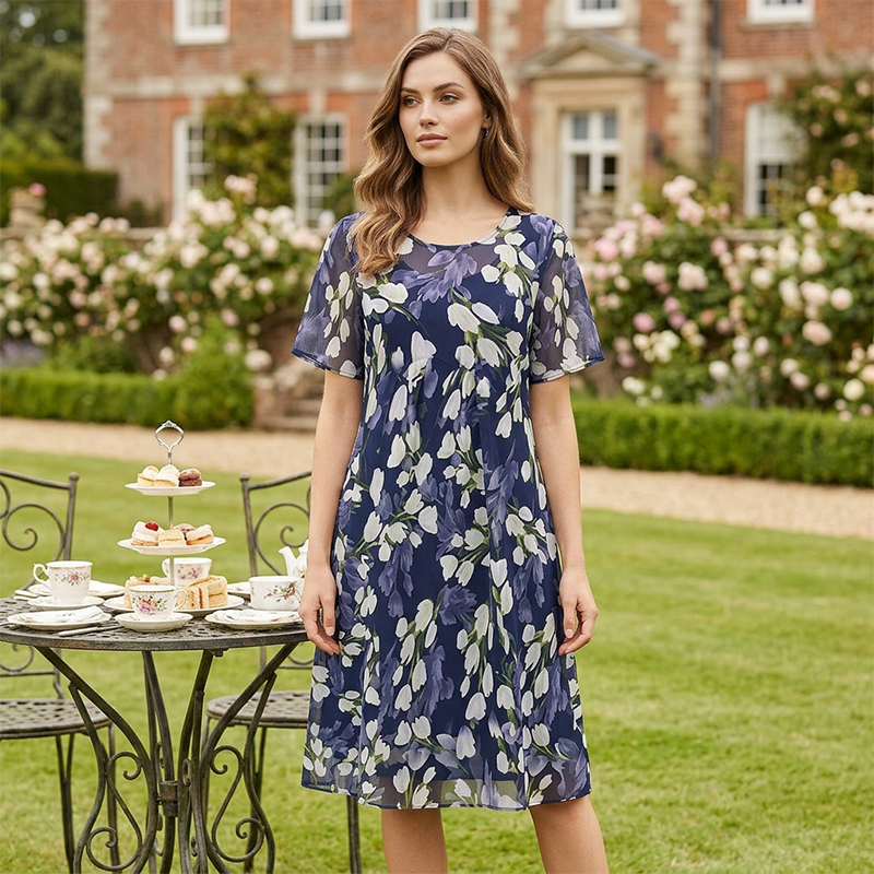 🌸 50% OFF NOW! ✨👗Short-Sleeved A-Line Evening Dress – Elegant Floral Print, Double-Layer Chiffon & Flattering Knee-Length Cut 👗💙