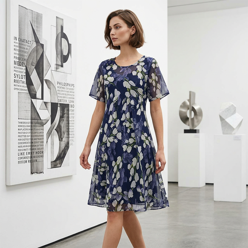 🌸 50% OFF NOW! ✨👗Short-Sleeved A-Line Evening Dress – Elegant Floral Print, Double-Layer Chiffon & Flattering Knee-Length Cut 👗💙