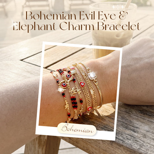 📿 50% OFF NOW! 🐘 Bohemian Evil Eye Bracelet – Elephant & Hamsa Charms – Gold-Tone & Adjustable ✨