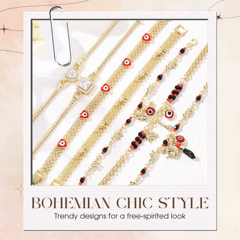 📿 50% OFF NOW! 🐘 Bohemian Evil Eye Bracelet – Elephant & Hamsa Charms – Gold-Tone & Adjustable ✨