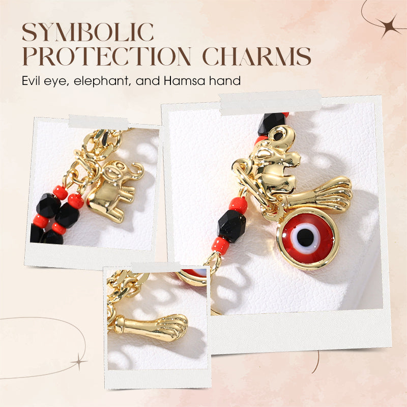 📿 50% OFF NOW! 🐘 Bohemian Evil Eye Bracelet – Elephant & Hamsa Charms – Gold-Tone & Adjustable ✨