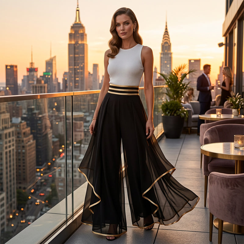 🍂New arrival 50% OFF!🖤Women's Wide-Leg Pants – Flowy, Gold Trim, Elegant, Versatile