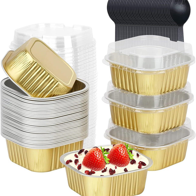 🍰 Disposable Mini Cake Pans Set – 50% OFF! Foil bakeware with plastic lids, 5oz portions – easy clean-up for parties & gifting. ⚡