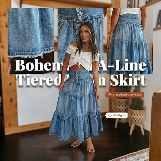 📢📢30% OFF !! ⏰Women's High Waisted Tiered A-Line Denim Maxi Skirt