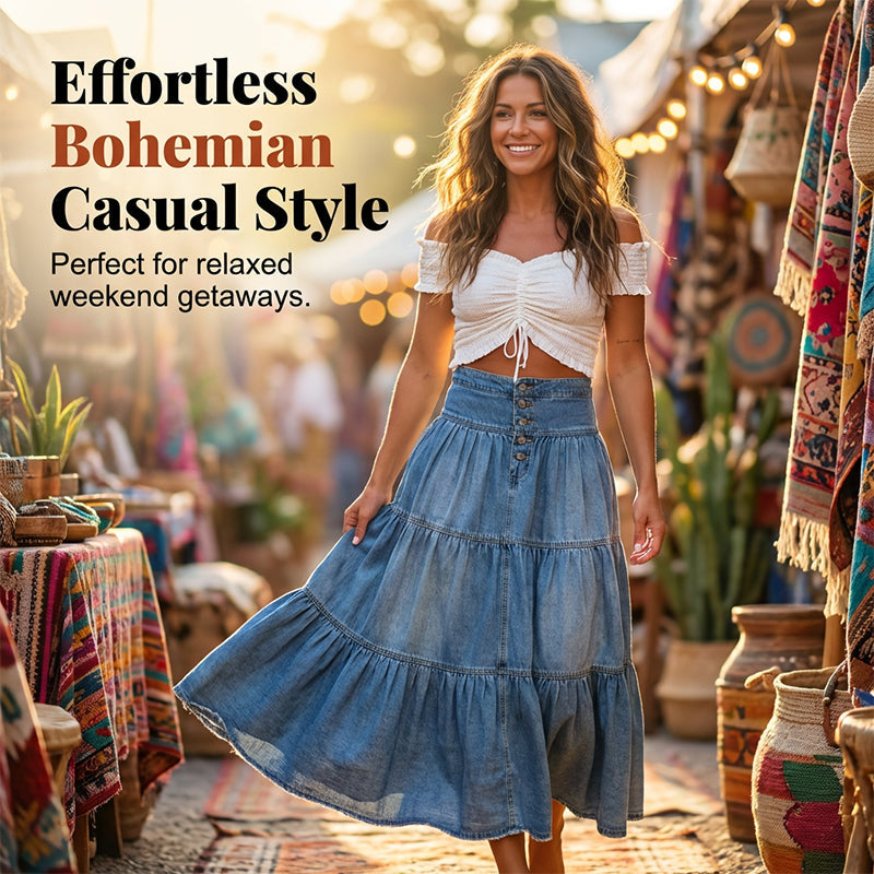 📢📢30% OFF !! ⏰Women's High Waisted Tiered A-Line Denim Maxi Skirt