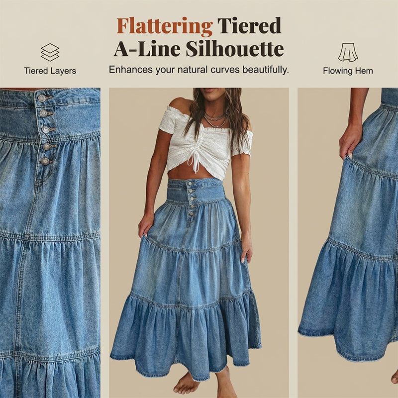 📢📢30% OFF !! ⏰Women's High Waisted Tiered A-Line Denim Maxi Skirt