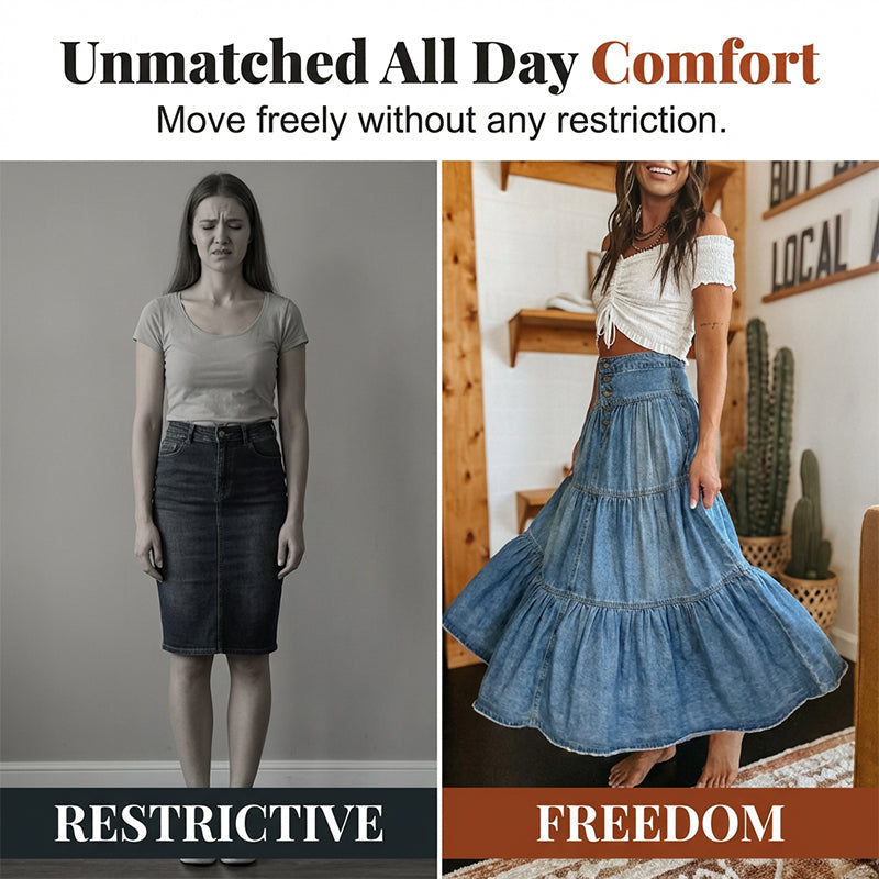 📢📢30% OFF !! ⏰Women's High Waisted Tiered A-Line Denim Maxi Skirt