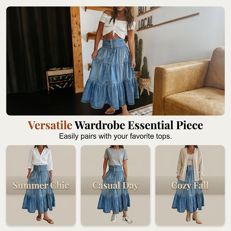 📢📢30% OFF !! ⏰Women's High Waisted Tiered A-Line Denim Maxi Skirt