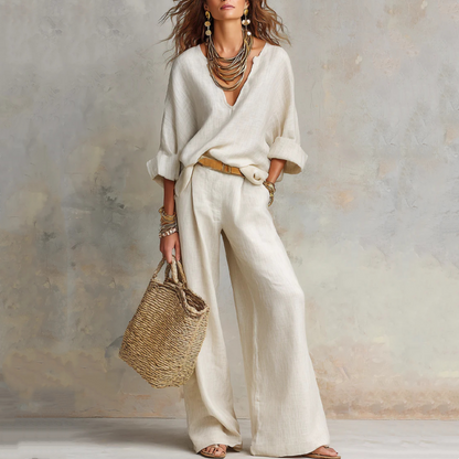 Women's V-Neck Top & Wide-Leg Pants 2-Piece Set