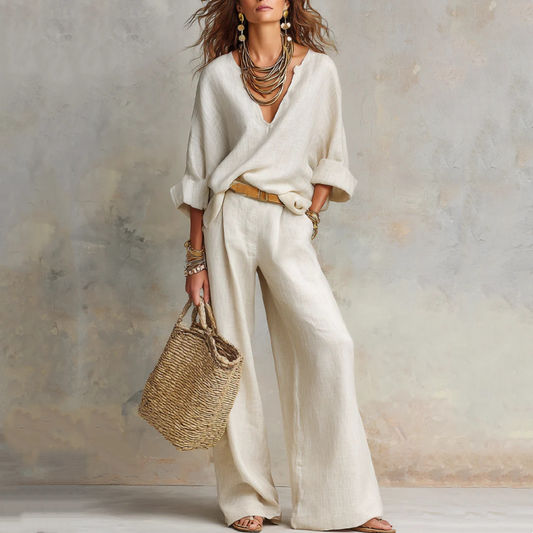 Women's V-Neck Top & Wide-Leg Pants 2-Piece Set