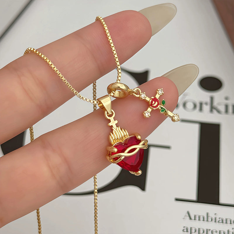 Sacred Heart & Rose Cross Pendant Necklace