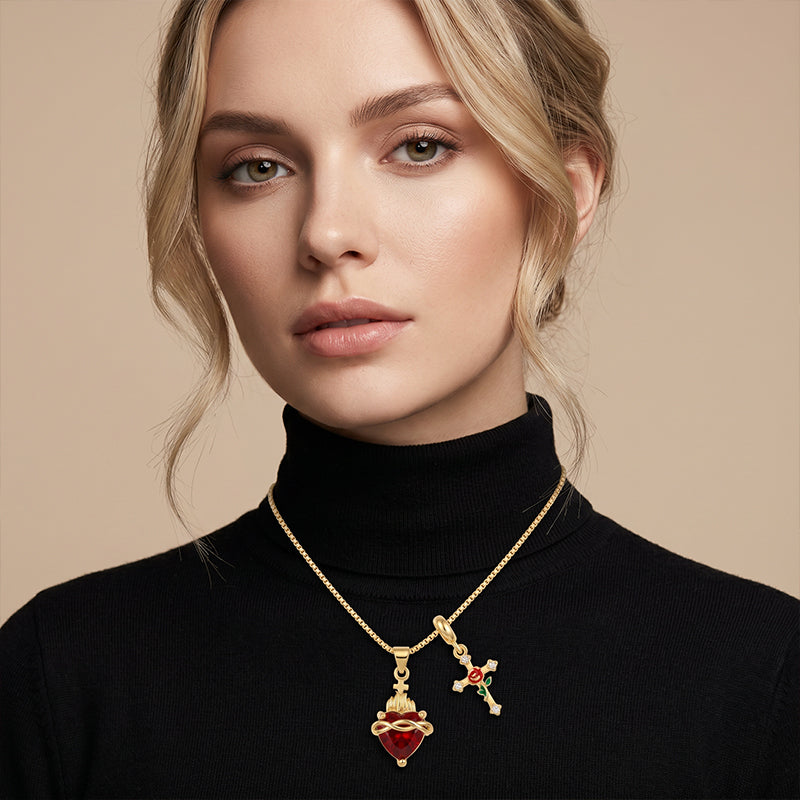 Sacred Heart & Rose Cross Pendant Necklace