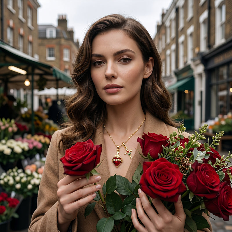 Sacred Heart & Rose Cross Pendant Necklace