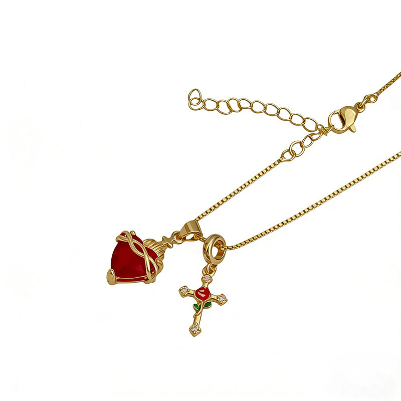 Sacred Heart & Rose Cross Pendant Necklace