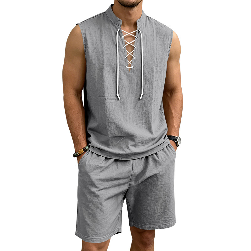 👕Men's Linen Sleeveless Lace-Up Top & Shorts Set🌿