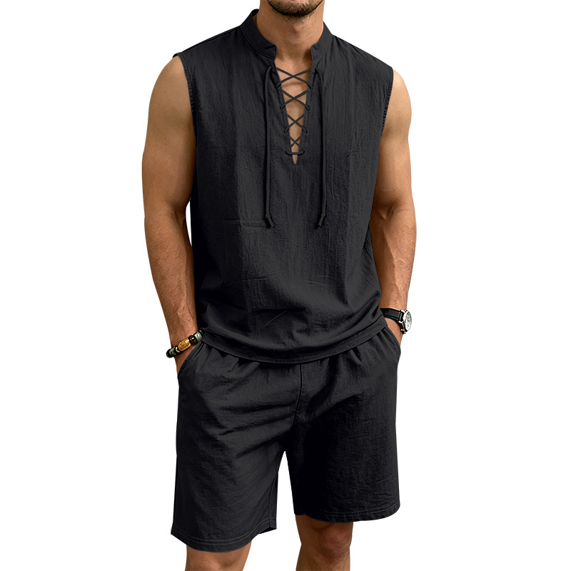 👕Men's Linen Sleeveless Lace-Up Top & Shorts Set🌿