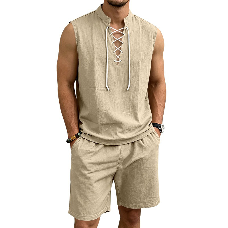 👕Men's Linen Sleeveless Lace-Up Top & Shorts Set🌿