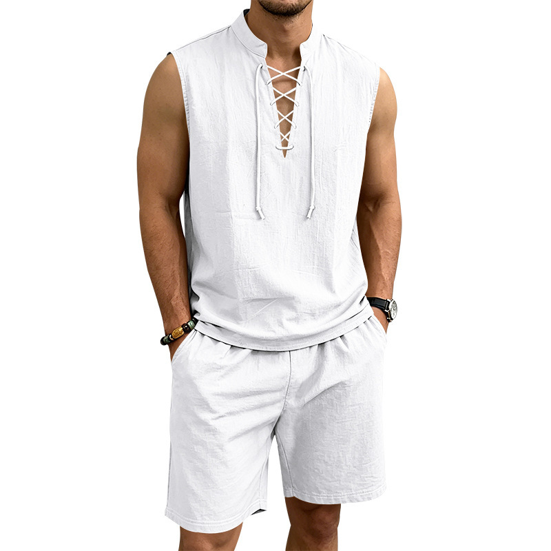 👕Men's Linen Sleeveless Lace-Up Top & Shorts Set🌿