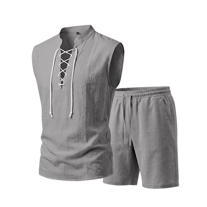👕Men's Linen Sleeveless Lace-Up Top & Shorts Set🌿