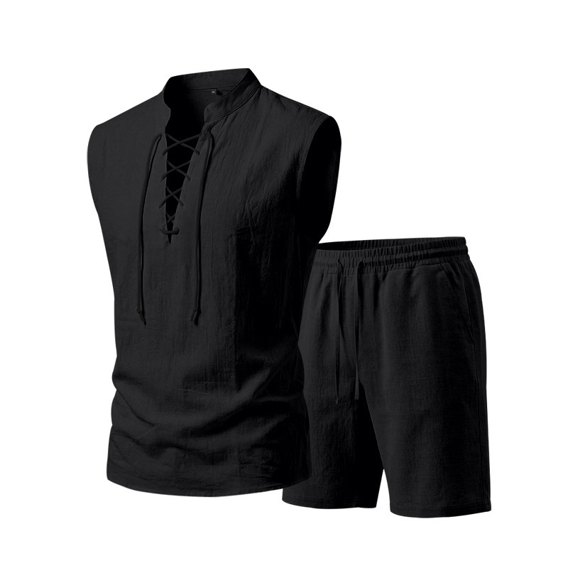👕Men's Linen Sleeveless Lace-Up Top & Shorts Set🌿