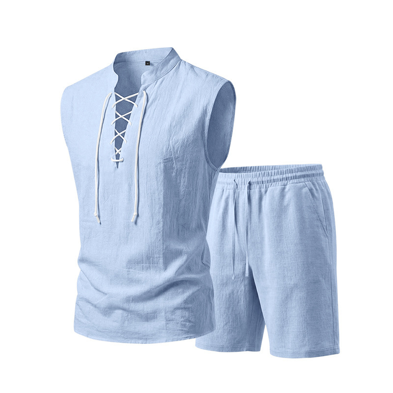 👕Men's Linen Sleeveless Lace-Up Top & Shorts Set🌿