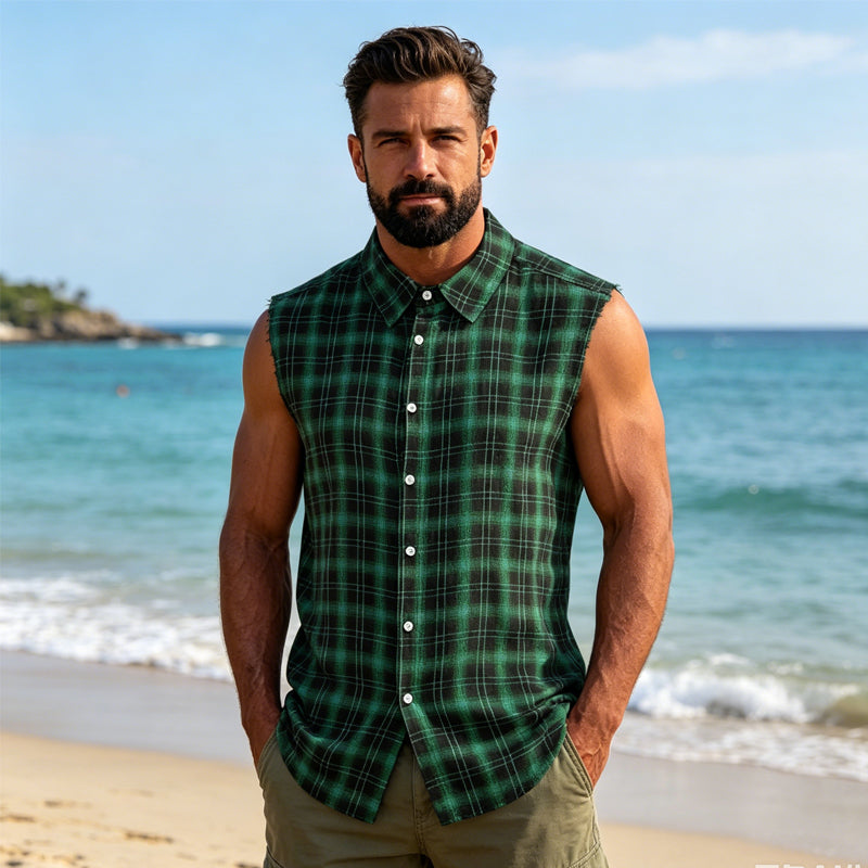 👔 50% OFF NOW!🔥 Men's Plaid Sleeveless Shirt – Raw Edges & Button-Down – 7 Colors Available 🕶️