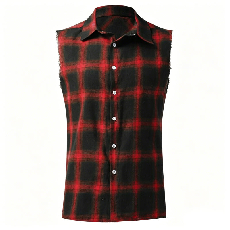 👔 50% OFF NOW!🔥 Men's Plaid Sleeveless Shirt – Raw Edges & Button-Down – 7 Colors Available 🕶️