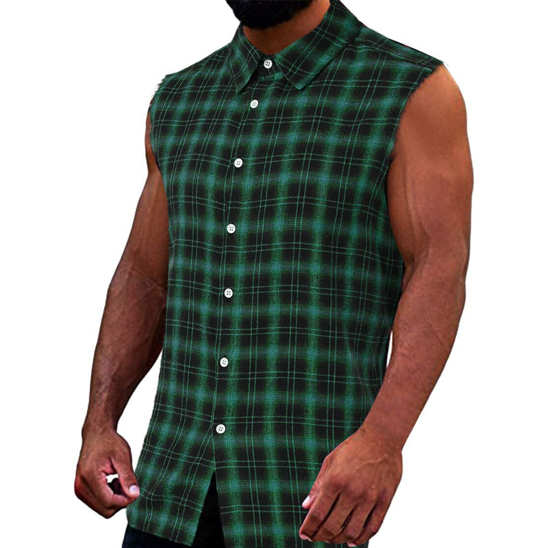 👔 50% OFF NOW!🔥 Men's Plaid Sleeveless Shirt – Raw Edges & Button-Down – 7 Colors Available 🕶️