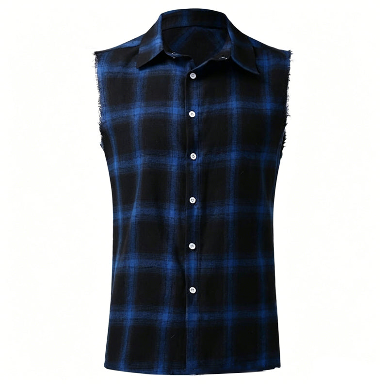 👔 50% OFF NOW!🔥 Men's Plaid Sleeveless Shirt – Raw Edges & Button-Down – 7 Colors Available 🕶️