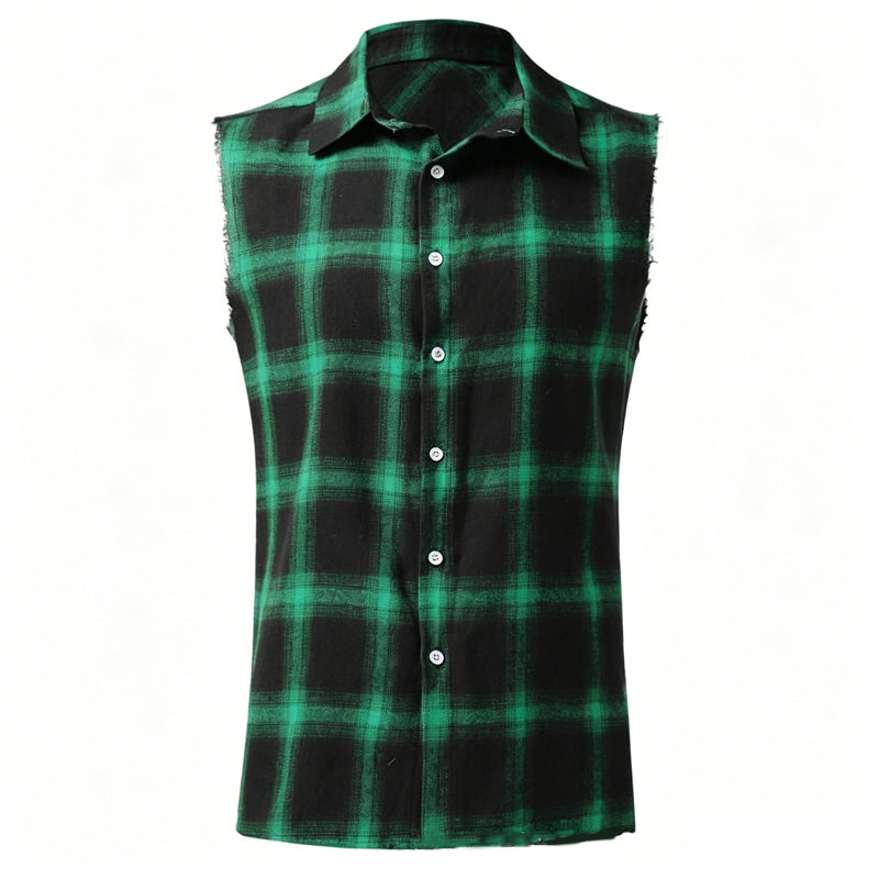 👔 50% OFF NOW!🔥 Men's Plaid Sleeveless Shirt – Raw Edges & Button-Down – 7 Colors Available 🕶️