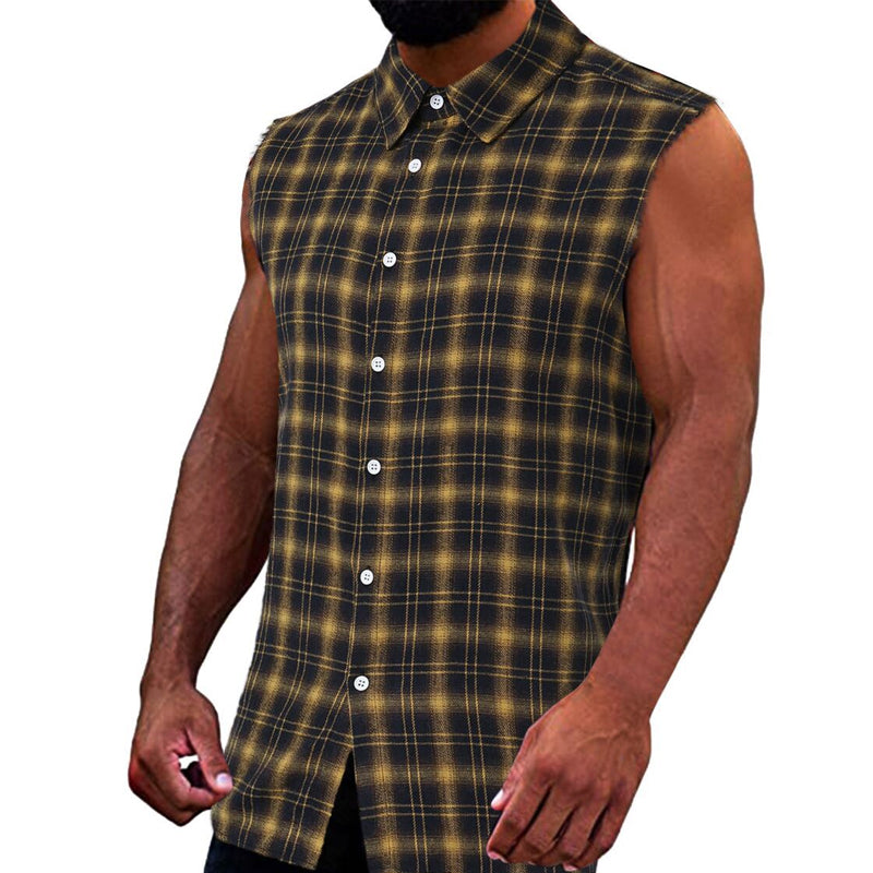 👔 50% OFF NOW!🔥 Men's Plaid Sleeveless Shirt – Raw Edges & Button-Down – 7 Colors Available 🕶️