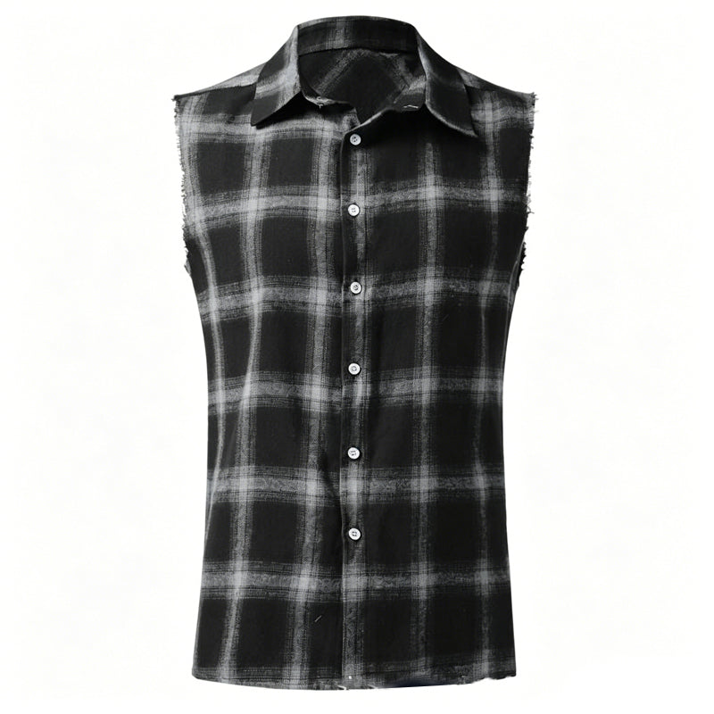👔 50% OFF NOW!🔥 Men's Plaid Sleeveless Shirt – Raw Edges & Button-Down – 7 Colors Available 🕶️