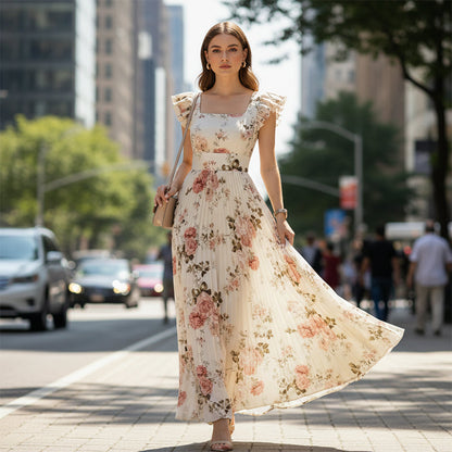 🌸2026 New Arrival🌸 👗 Elegant Floral Print Pleated Maxi Dress ✨– Romantic Square Neck, Ruffle Sleeves & Flowing Floral Skirt🌷