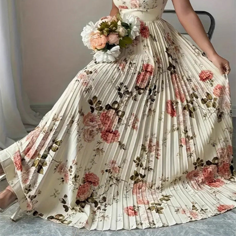 🌸2026 New Arrival🌸 👗 Elegant Floral Print Pleated Maxi Dress ✨– Romantic Square Neck, Ruffle Sleeves & Flowing Floral Skirt🌷