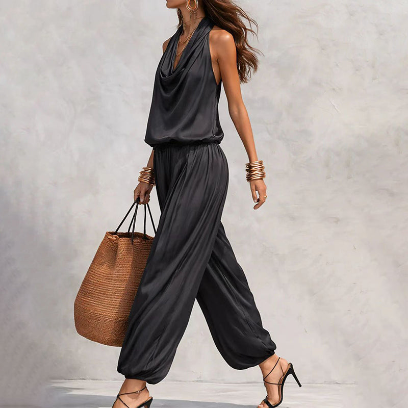 📢📢40% OFF !! ⏰ Sleeveless Cowl Neck Jumpsuit – Halter, Wide-Leg, Elegant 🍷