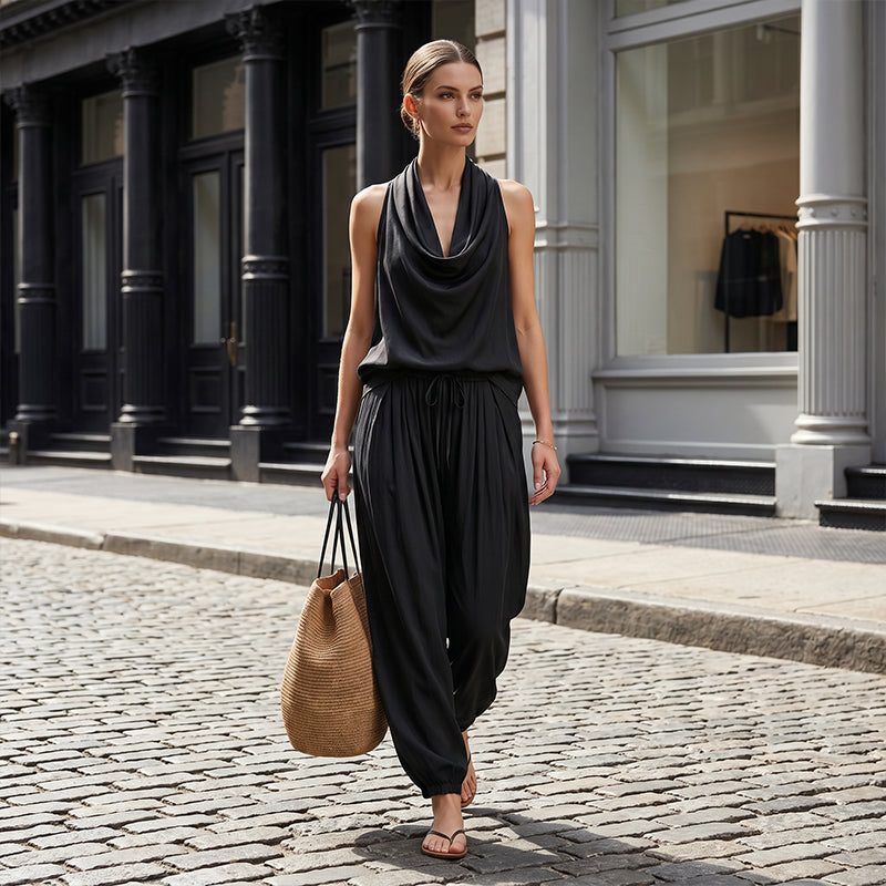 📢📢40% OFF !! ⏰ Sleeveless Cowl Neck Jumpsuit – Halter, Wide-Leg, Elegant 🍷