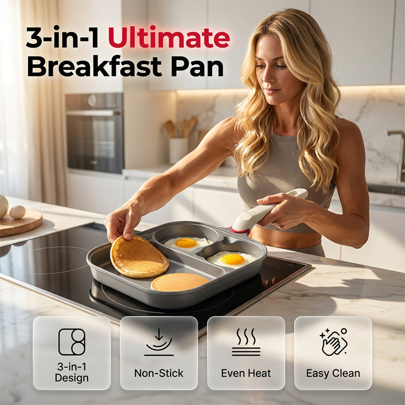 🍳50% OFF NOW! 3‑in‑1 Non‑Stick Breakfast Skillet‑Multi‑Compartment Divided Frying Pan, Even Heat Distribution Cookware Compatible with All Stovetops for Eggs, Pancakes & Morning Meals