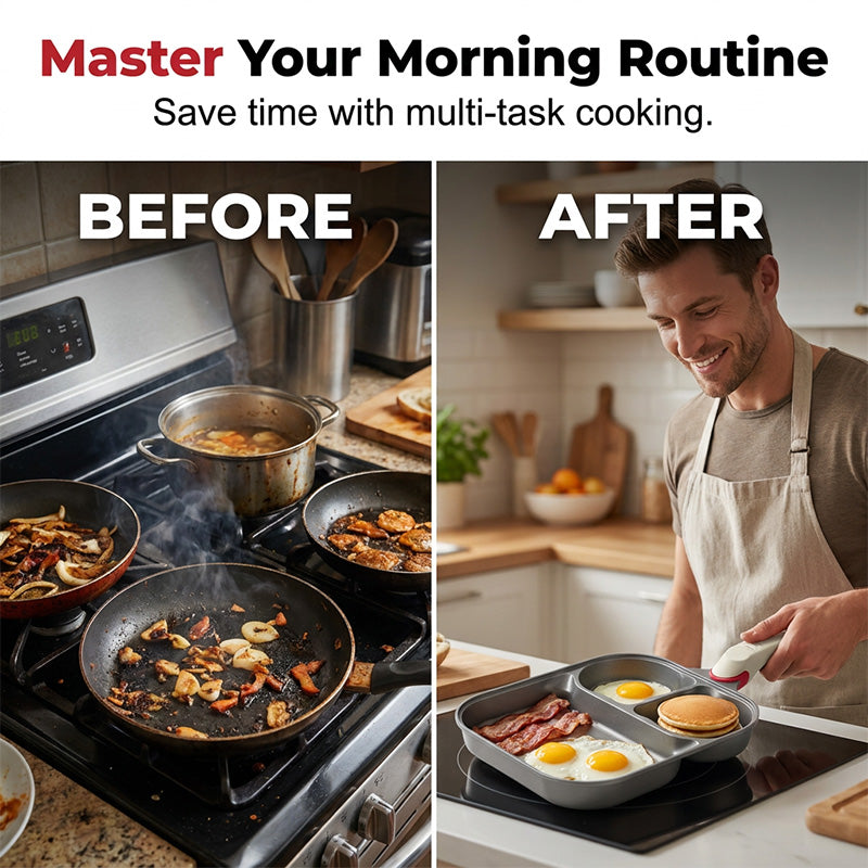 🍳50% OFF NOW! 3‑in‑1 Non‑Stick Breakfast Skillet‑Multi‑Compartment Divided Frying Pan, Even Heat Distribution Cookware Compatible with All Stovetops for Eggs, Pancakes & Morning Meals