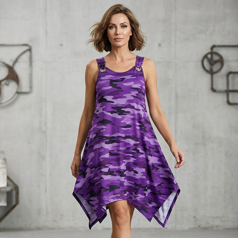 👗 40% OFF! ✨ Sleeveless Camouflage Dress – Asymmetrical Hem, Edgy Style, Unique 🍂