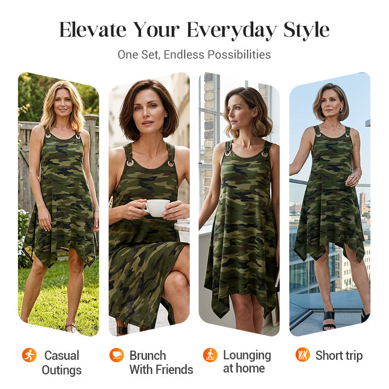 👗 40% OFF! ✨ Sleeveless Camouflage Dress – Asymmetrical Hem, Edgy Style, Unique 🍂