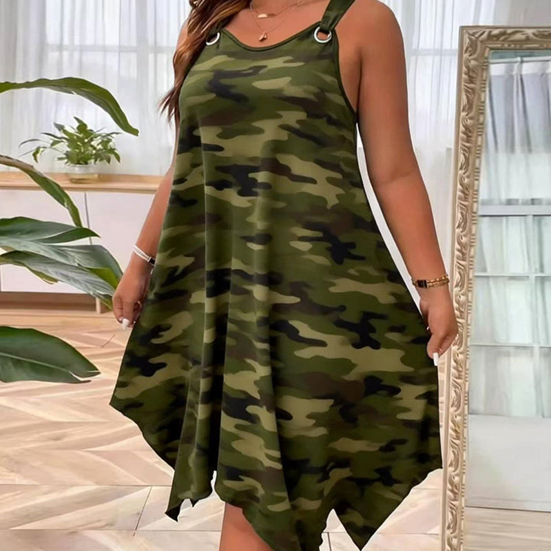 👗 40% OFF! ✨ Sleeveless Camouflage Dress – Asymmetrical Hem, Edgy Style, Unique 🍂
