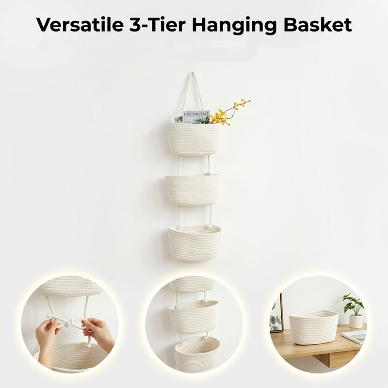 ✨ Wall-Hanging Storage Organizer – 3-Tier, Boho Style, Space-Saving 🏡