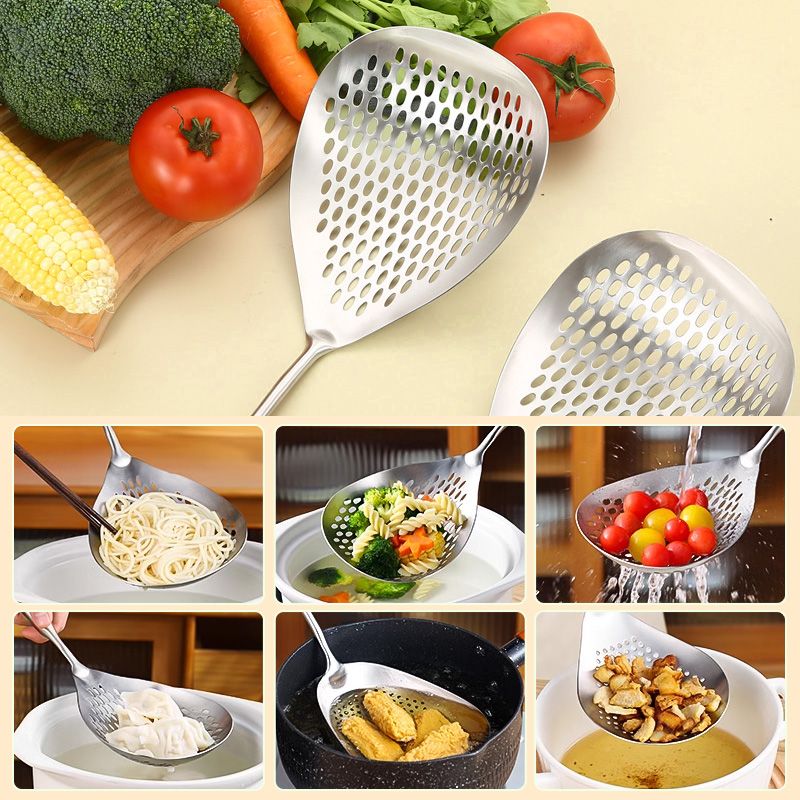 🥄 50% OFF NOW! 🍟 Stainless Steel Skimmer Spoon – Fast draining, heat-safe & versatile – Perfect for frying, soups & pasta 🍳