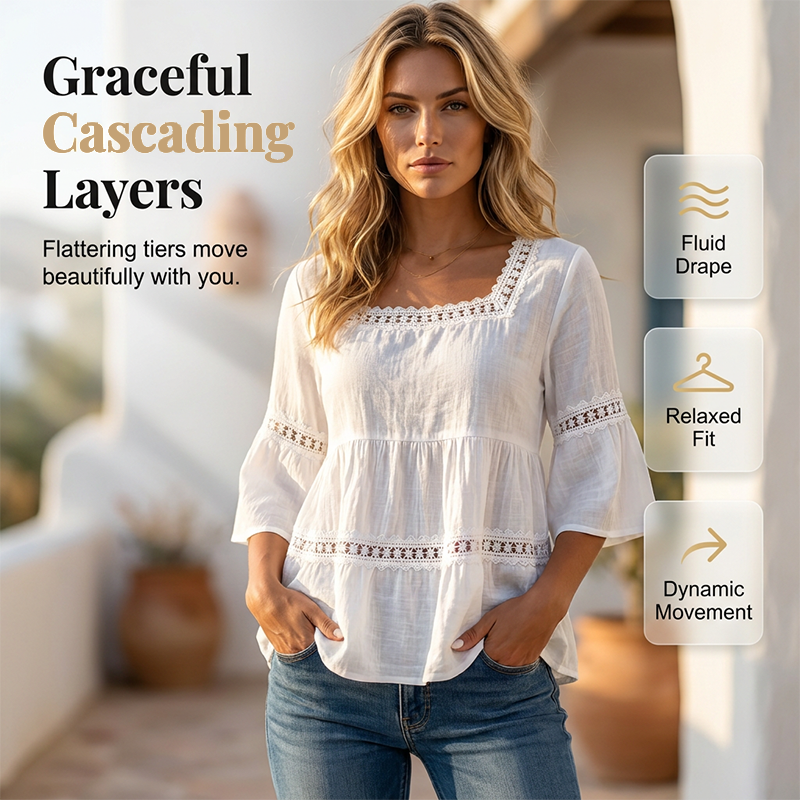 🌸 LIMITED-TIME 50% OFF! 💥 Elegant Square Neck Summer Blouse – Boho Lace, Bell Sleeves, Tiered Flow ✨