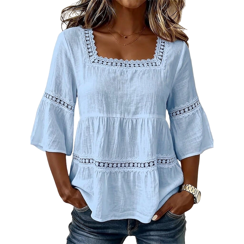 🌸 LIMITED-TIME 50% OFF! 💥 Elegant Square Neck Summer Blouse – Boho Lace, Bell Sleeves, Tiered Flow ✨