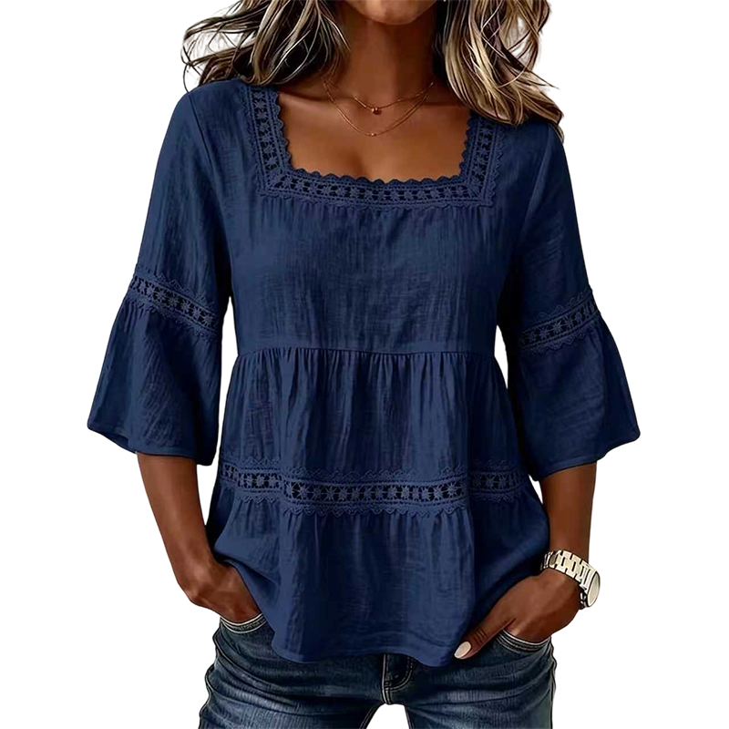 🌸 LIMITED-TIME 50% OFF! 💥 Elegant Square Neck Summer Blouse – Boho Lace, Bell Sleeves, Tiered Flow ✨